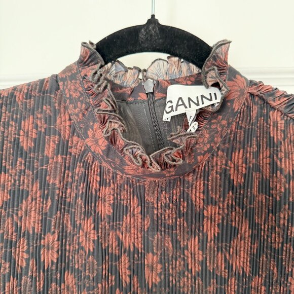 Women Ganni Pleated Georgette Midi Dress Ruffle in French Roast Size 38/Medium - Picture 4 of 12